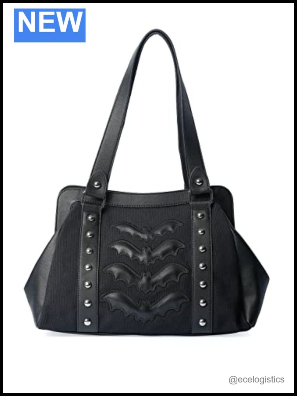 Gothic Bat Studded Canvas Vegan Leather Shoulder Bag Handbag